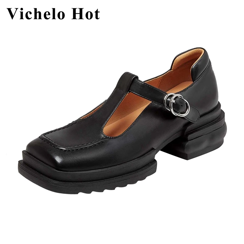 

Vichelo Hot handmade high quality full grain leather square toe med heel three colors preppy style buckle strap women pumps L9f3