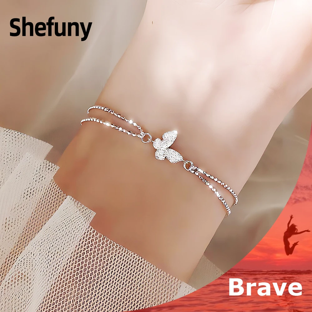 

925 Sterling Silver Butterfly Double Layer Bead Chain Bracelet White Cubic Zirconia Animal Bangle For Women Fine Jewelry Gift