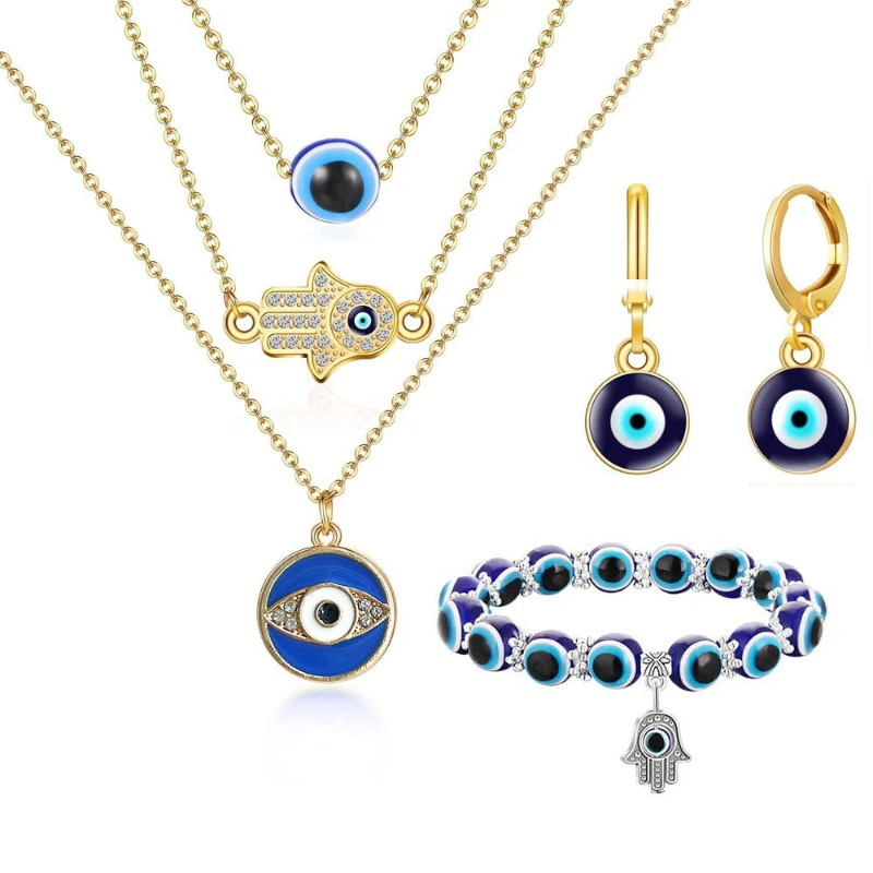 

Multilayer Evil Eye Pendant Necklaces Sets for Women Turkish Eye Hand of Fatima Beads Necklaces Bracelets Earrings Jewelry Set