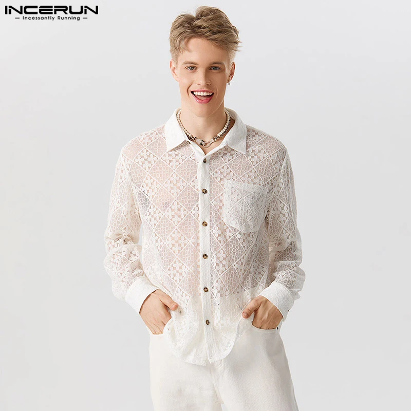 

Handsome Well Fitting Tops INCERUN New Mens Lace Printed See-through Shirts Casual Vacation Male Lapel Long Sleeved Blouse S-5XL