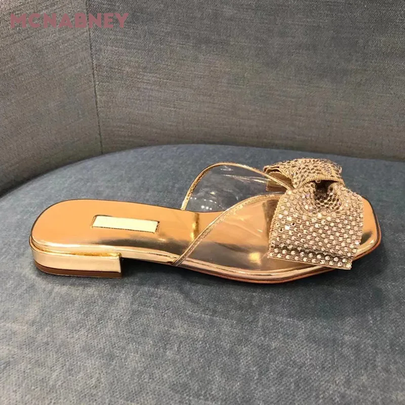 Rhinestone Bow Flat Slippers Summer New Open Toe Sandals Square Toe Transparent Temperament Flat Bottom Fashion Women's Sandals