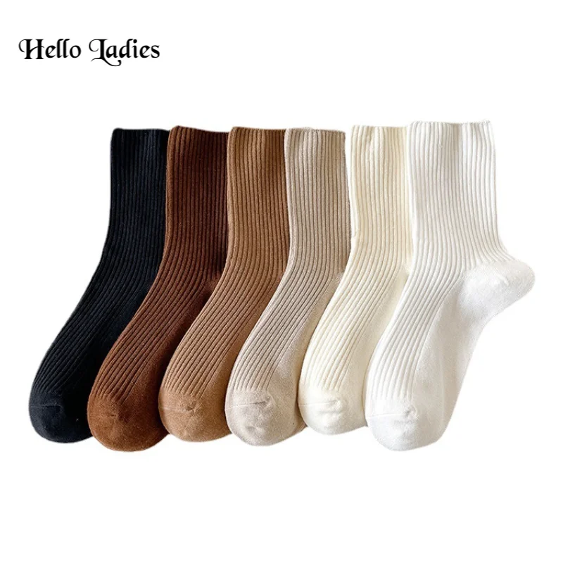 6 Pairs Lot Women Socks Cotton Retro Crew Tube Solid Color Winter Fashion  Black White Set Quality Loose Korea Long Cute Socks