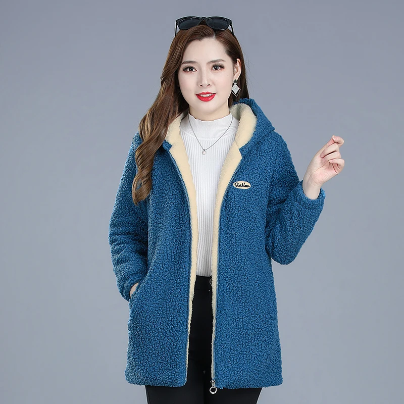 2022 Mother Winter Women's Jacket New Female Lambswool Plus Velvet Cotton Coat Overcoat Hooded Warm Lady Outerwear