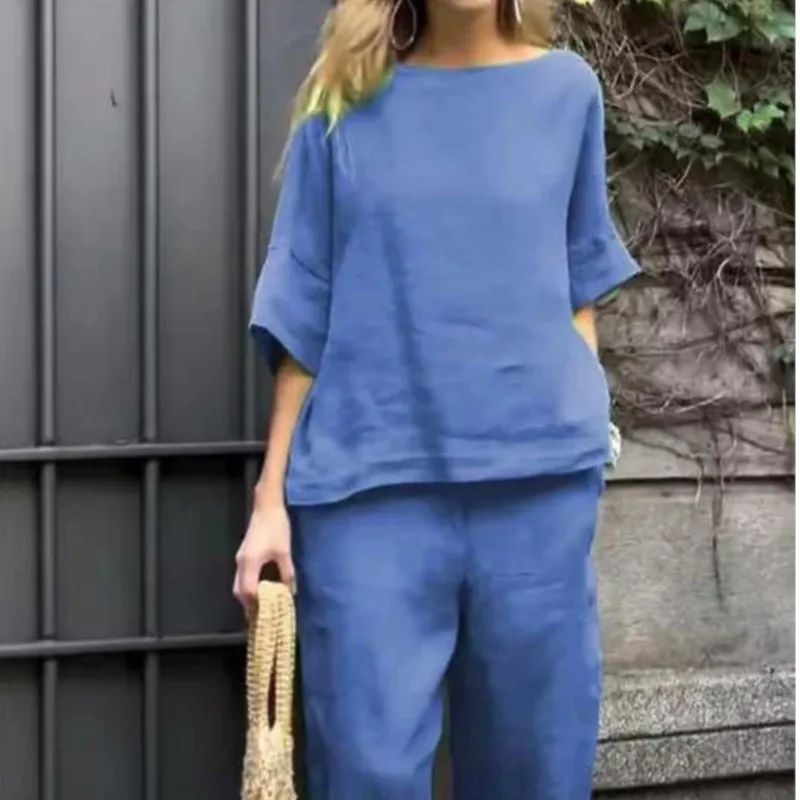 Весенне-осенний хлопковый льняной костюм с рукавом семь четвертей женская