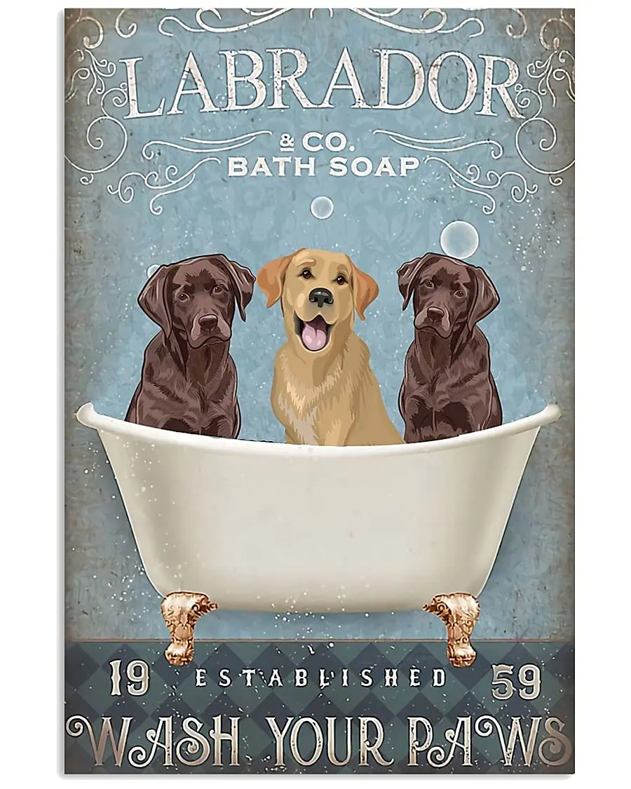 

Dog Retro Metal Tin Sign, Labrador Retriever Bathing Soap Foam Poster Vintage Toilet Cave Bar Home Bathroom Wall Decoration