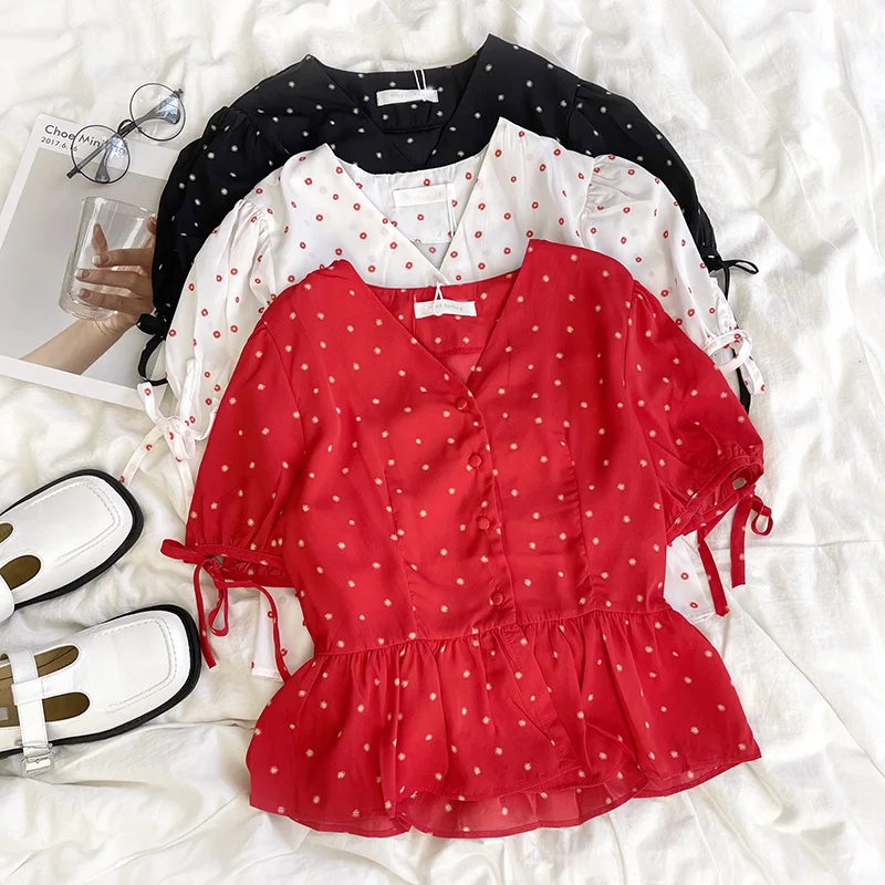 

Polka Dot Flower V-neck Ruffle Lace Up Bubble Sleeve Short Chiffon Short Sleeve Blouse Red White Black Women Top