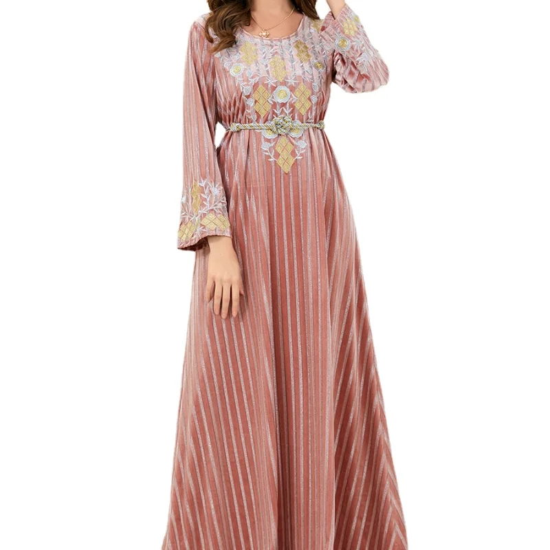

Morocco Abaya's Velvet Embroidery O-Neck Long Sleeve Maxi Dress Belted Kaftan Muslim Oman Qatar Turkey Prom Dresses Ramadan