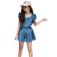 teenager girls clothes sets summer kids fashion solid color tops shorts two piece denim outfits children costume suit 5 to 13yrs