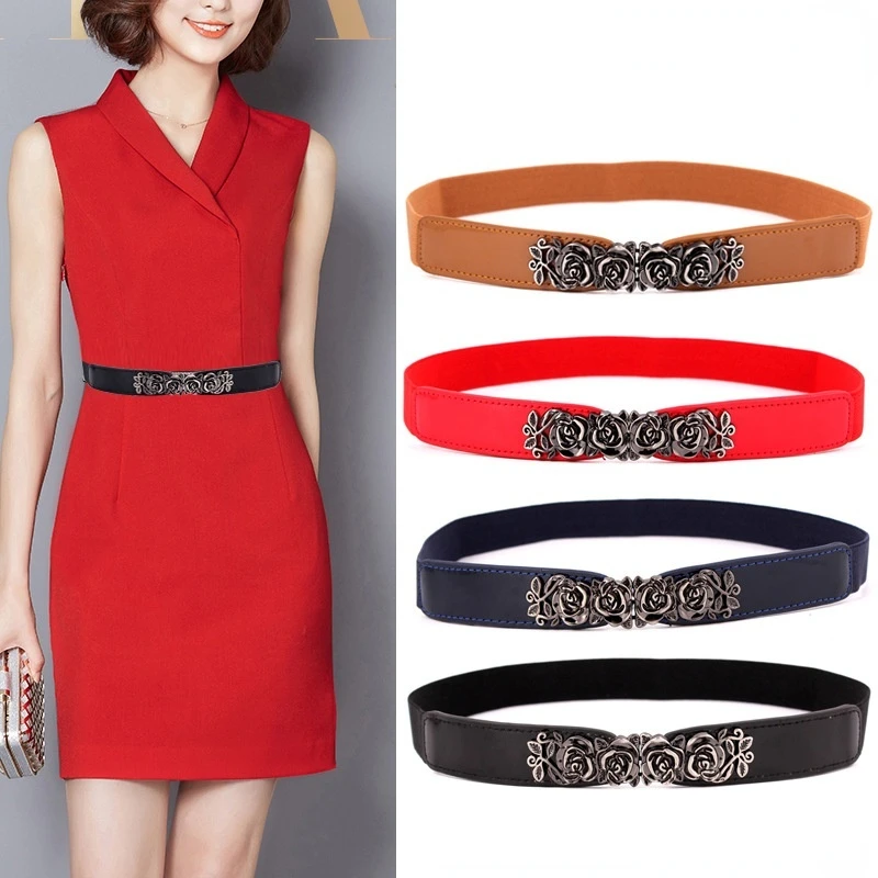 

New Rose Buckle Stretch Belt Women Fashion Pu Thin Retro Belts Female Dress Jeans Waistband Brand Design 2022