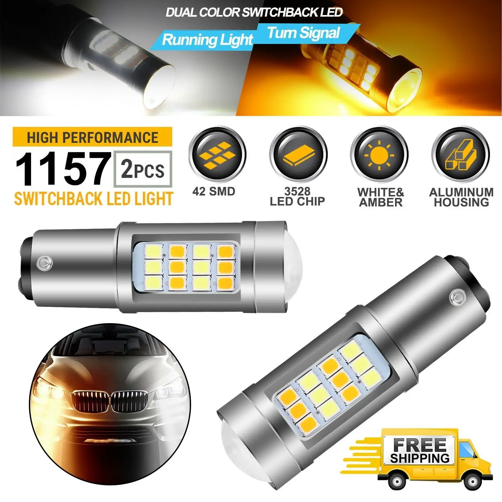 

White and yellow two-color steering lamp 1157 T25 3157 2835 42smd with steering daytime running lamp