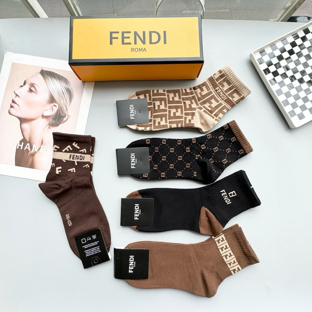 Носки Fendi 5 пар дышащие Носки мужские женские хлопковые мягкие впитывающие пот