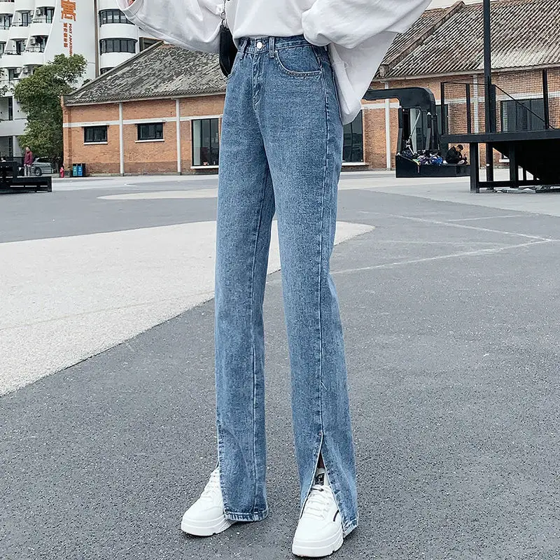 

2021 Spring Women Jeans Black Flare Pants Front Side Slit Leg High Waisted Bell Bottom Jeans Full Length Denim Clothes