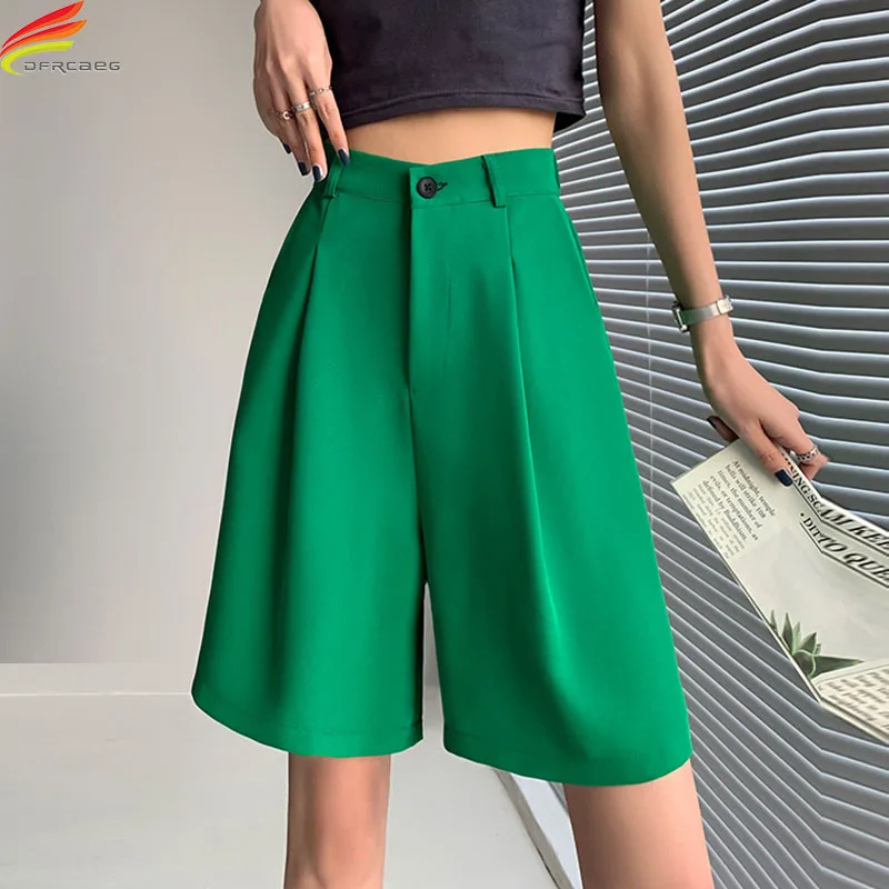DFRCAEG 2023 Summer Bermuda Shorts For Women High Elastic Waist Wide Leg Loose Suit Pants With Pockets Casual Half Pants Femme