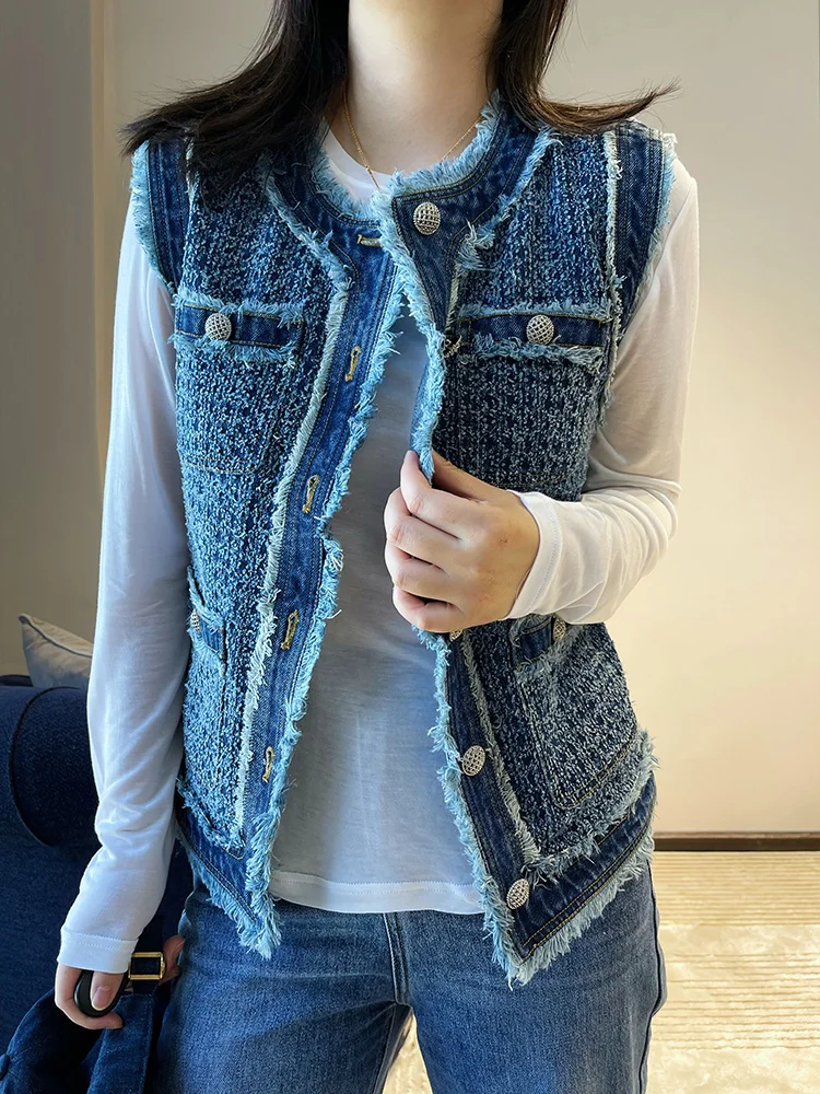 

2023 Fall Korean Women Retro Slim Pockets Plaid Tassel Vest Female Waistcoat Crochet Frayed Denim Vest Coat Single-