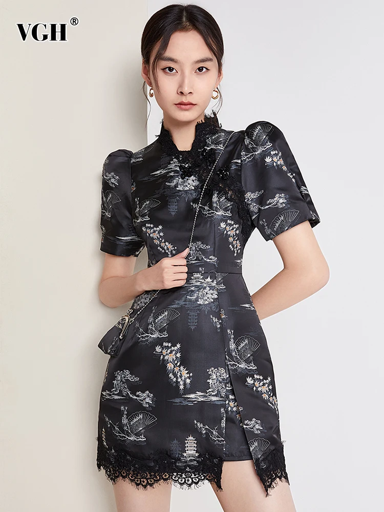

VGH Jacquard Cheongsam Dress For Women Stand Collar Short Puff Sleeve High Waist Vintage Mini Dresses Female 2022 Summer Clothes