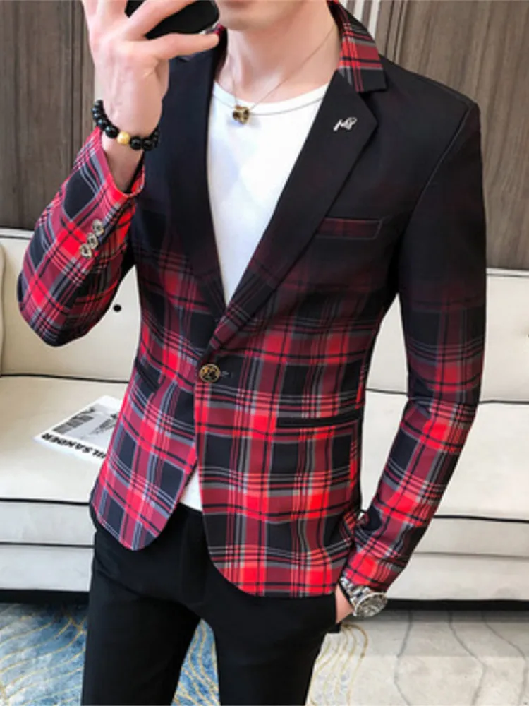 

Мужской весенне-осенний Повседневный приталенный клетчатый пиджак с длинными рукавами и градиентной строчкой на одной пуговице
