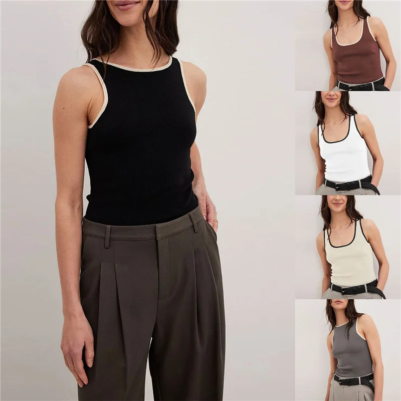

Women's Knit Tank Tops Basic Sleeveless Round Neck Contrast Color Slim Fit Tops Summer Shirt Streetwear