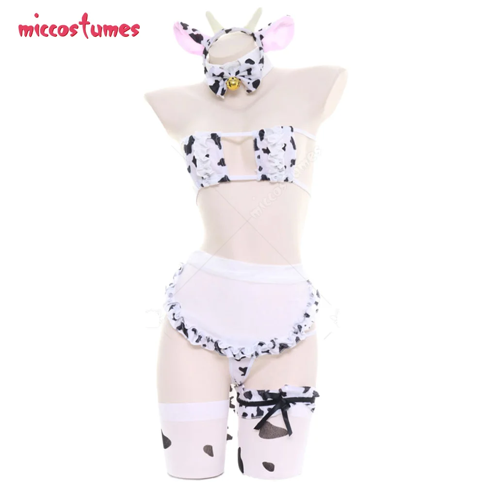 

Woman Sexy Japanese Style Cow Black and White Bikini Maid Apron Homewear Pajama Sleepwear Costume Outfit Headdress Stockings