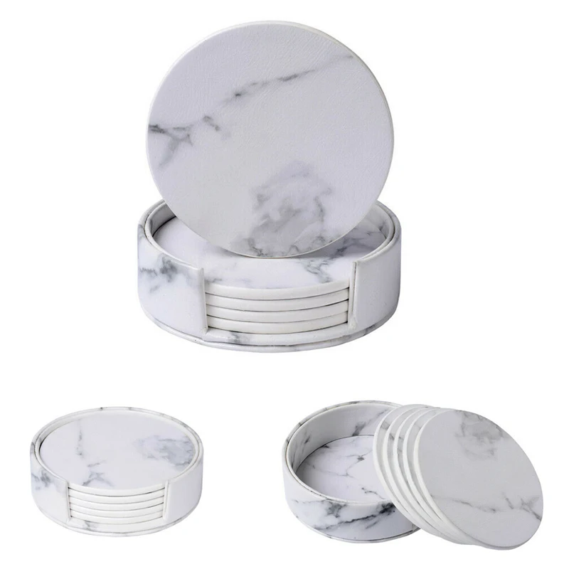 

6PCs/set Cup Tea Mats Coasters PU Leather Marble Coaster Drink Coffee Cup Mat Easy To Clean Placemats Round Tea Table Pad Holder