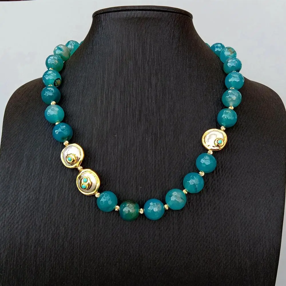 

Y.YING Faceted Blue Round Agate Cultured White Coin Pearl Necklace 22"
