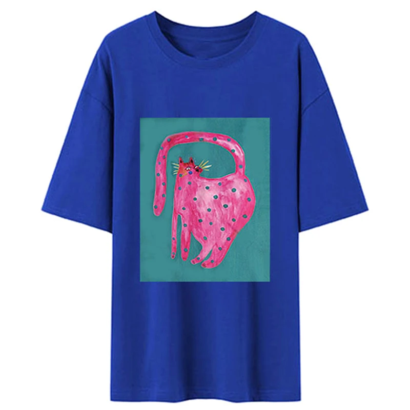 

8 Colors Pure Cotton High Quality Woman Tshirts Lovely Pink Cartoon Cat Graphic T Shirts Leisure Oversized Tops Summer Large 3XL