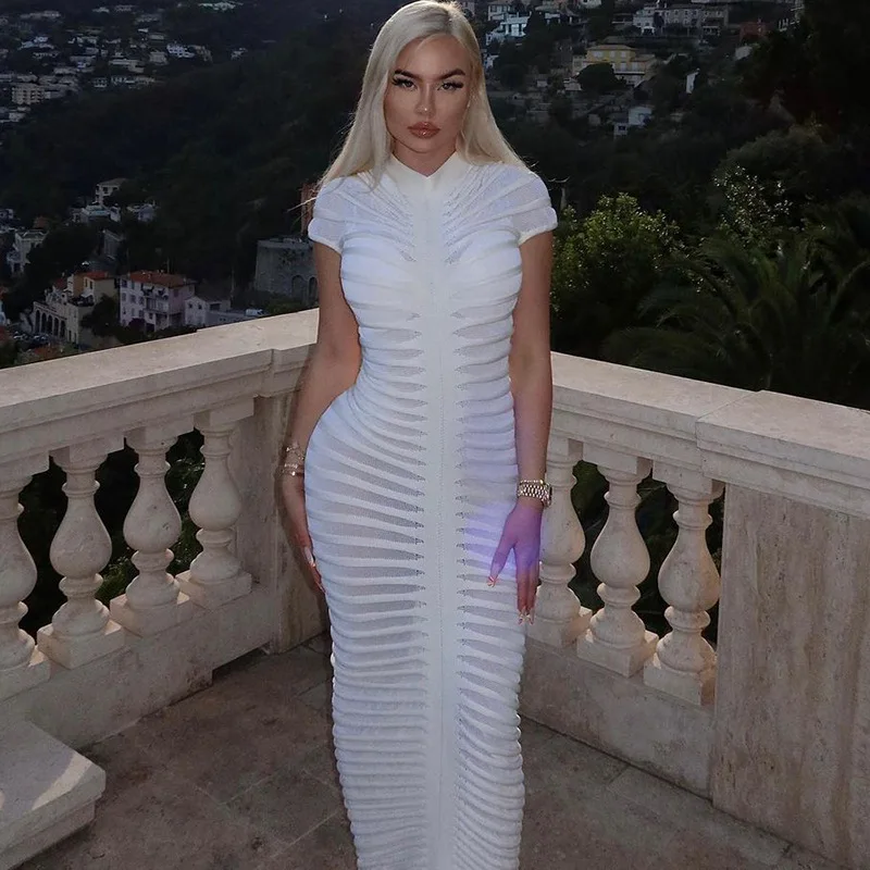 

Sexy See-throught Knitted Dresses Outfits Beachwear Short Sleeve Summer 2023 Elegant Long Robes White Maxi Dresses