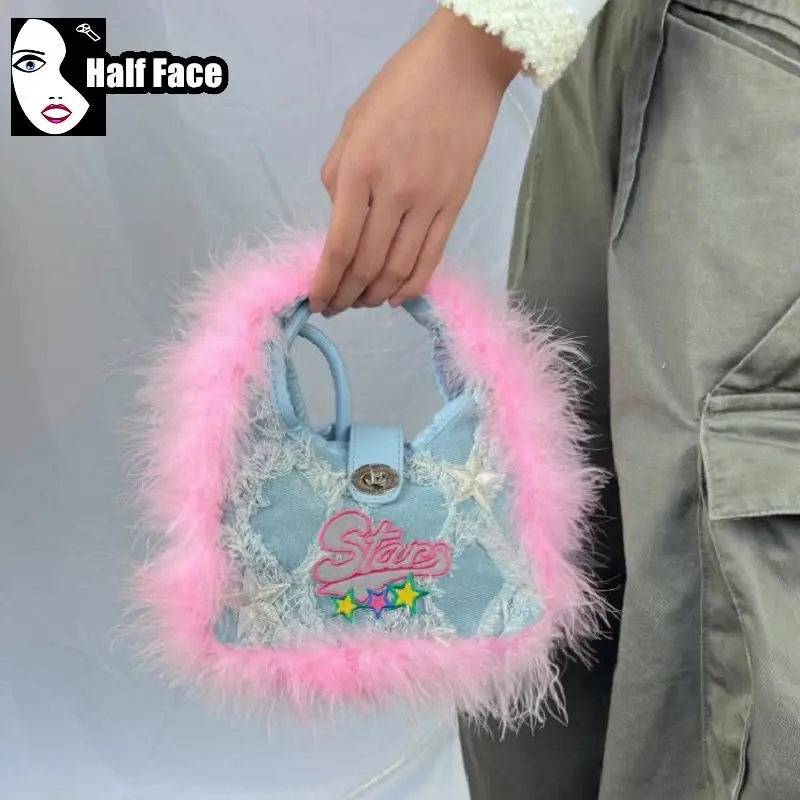 Y2K девушки Харадзюку Готическая женская розовая плюшевая Джинсовая сумочка в
