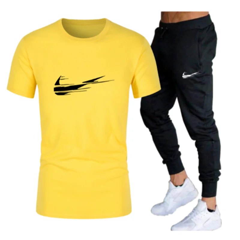 

2022 New Men's T-Shirt 2 Piece Sportswear Printed Men's 100% Cotton Short Sleeve Pullover + Trousers Sports Casual Wear Men's