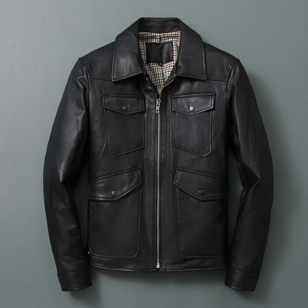 Мужская летная куртка из натуральной кожи черная облегающая кожаная с верхним