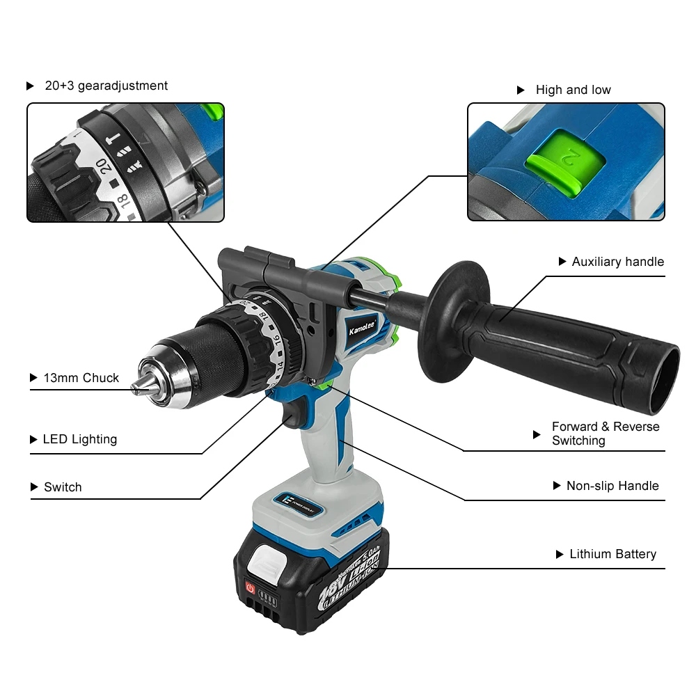 Бесщеточная электрическая Ударная дрель Kamolee 13 мм аккумуляторная отвертка