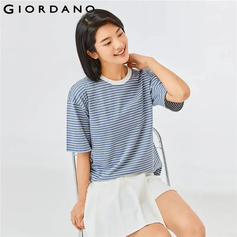 

Giordano Women Tshirts Stripe Drop Shoulder Short-sleeve Tee Stripe Causal Drop Shoulder Loose Relaxed Tshirts 13322216