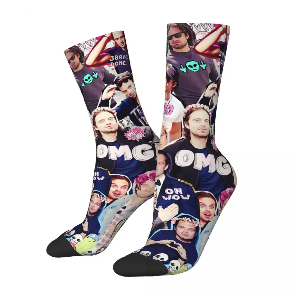 

Retro Sebastian Stan Collage Basketball Socks Anime Actor Polyester Crew Socks for Unisex Sweat Absorbing