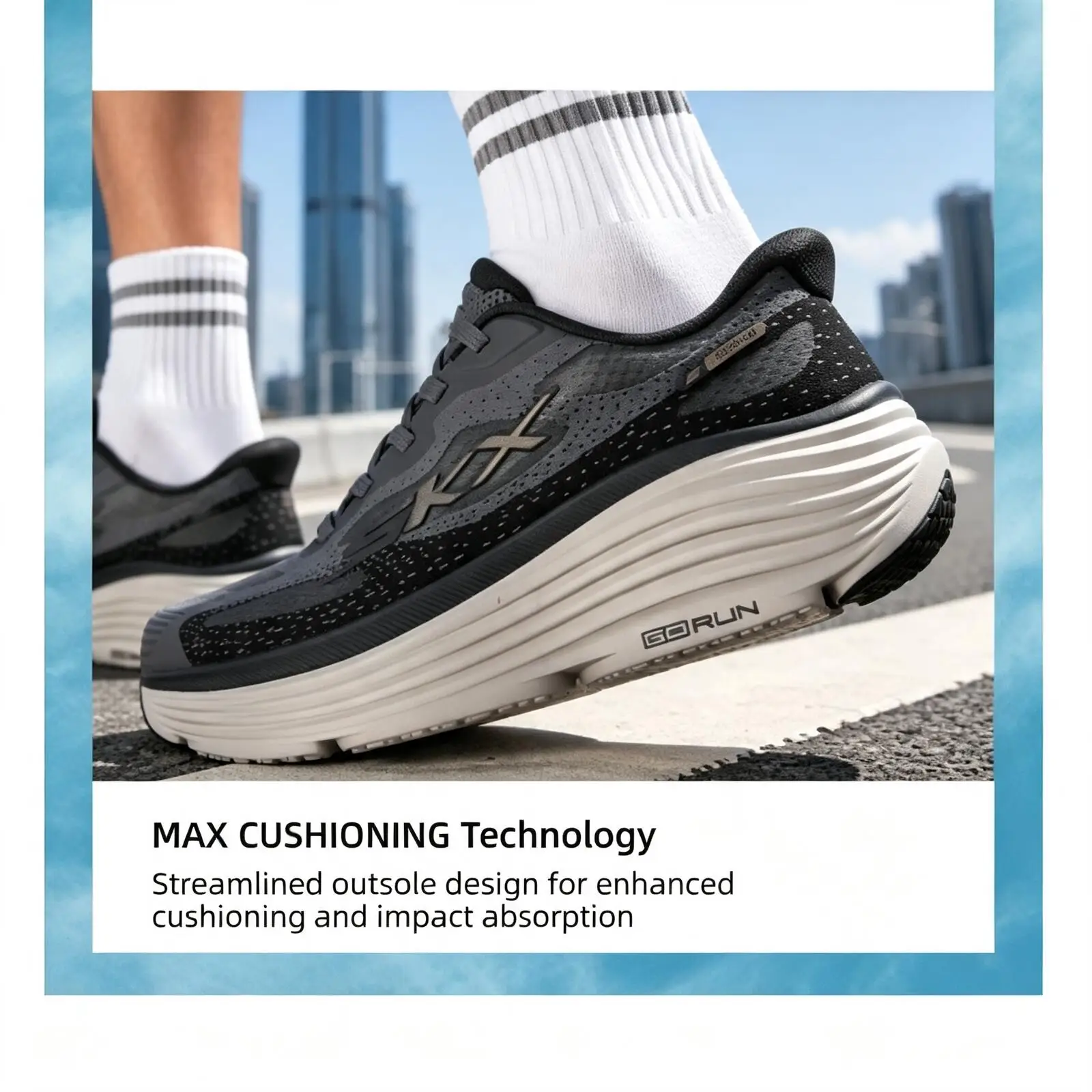 Фото Новые мужские слипоны Skechers Max Cushioning GO RUN, серо-черные, дышащие, ультралегкие, с амортизирующей платформой, спортивная обувь. №3