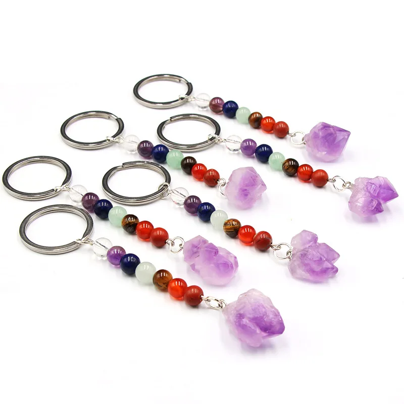 

11.11 Raw Ore Amethyst Stone Key Rings 7 Colors Chakra Beads Chains Gem Charms Keychains Healing Crystal Keyrings for Women Men