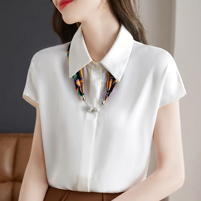 

Шифоновая рубашка для женщин, Новинка лета 2023, однотонные повседневные блузки, свободный белый топ с коротким рукавом и отложным воротником