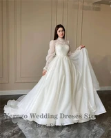 verngo modest organza a line wedding dress lace puff long sleeves high neck korea wedding bridal gowns 2021 robe de mariage