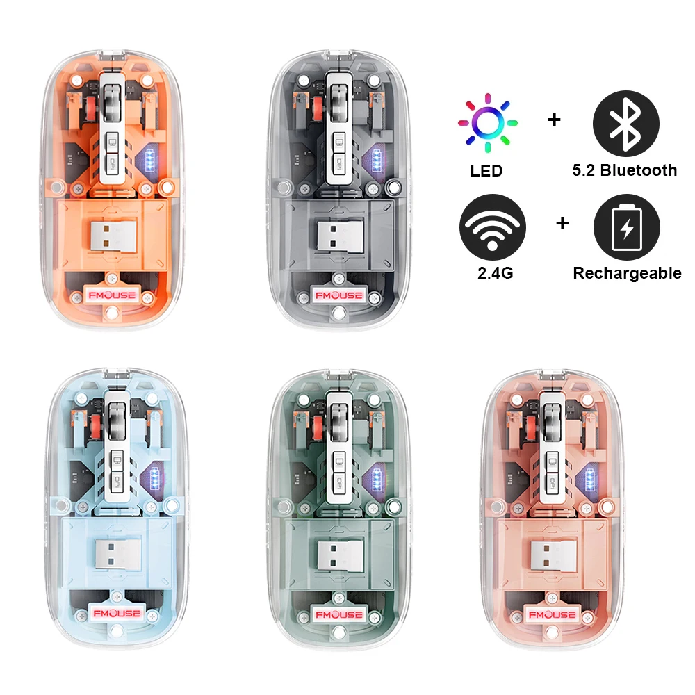 

M133 Wireless Bluetooth Mouse 2.4G 3 Modes Transparent 2400DPI Adjustable Rechargeable Technological Sense for Laptop Phone iPad