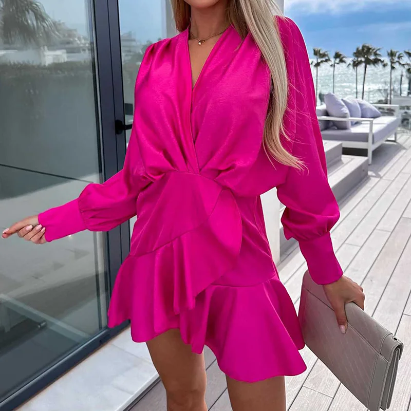 

Women New Folds V-Neck Commute Mini Dress Ladies Irregular Ruffle Party Dresses Spring Solid Long Sleeve Stitching Ruched Dress