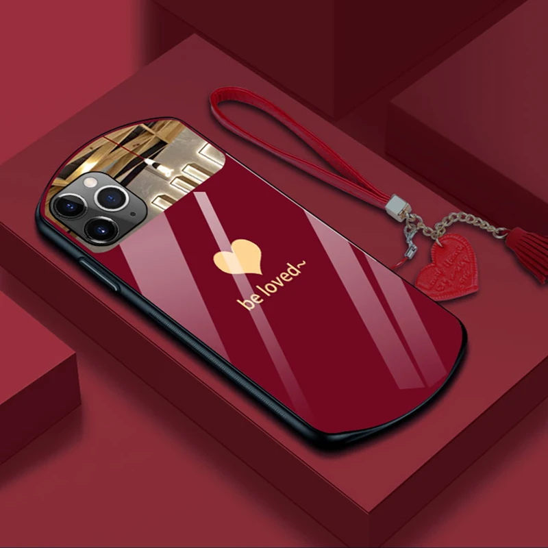 

Luxury Cute Oval Heart-shaped Tempered Glass Phone Case For iPhone 13 12 11 Pro Max XSmax XR X SE 8 7 Plus Mirror Lanyard Cover