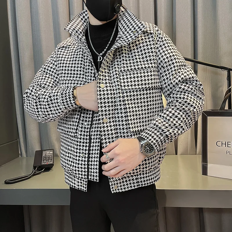 Korean Fashion Houndstooth Winter Jacket Men Thicken Keep Warm Short Parka Casual Business Zipper Coats Hiphop Overcoat 2022
