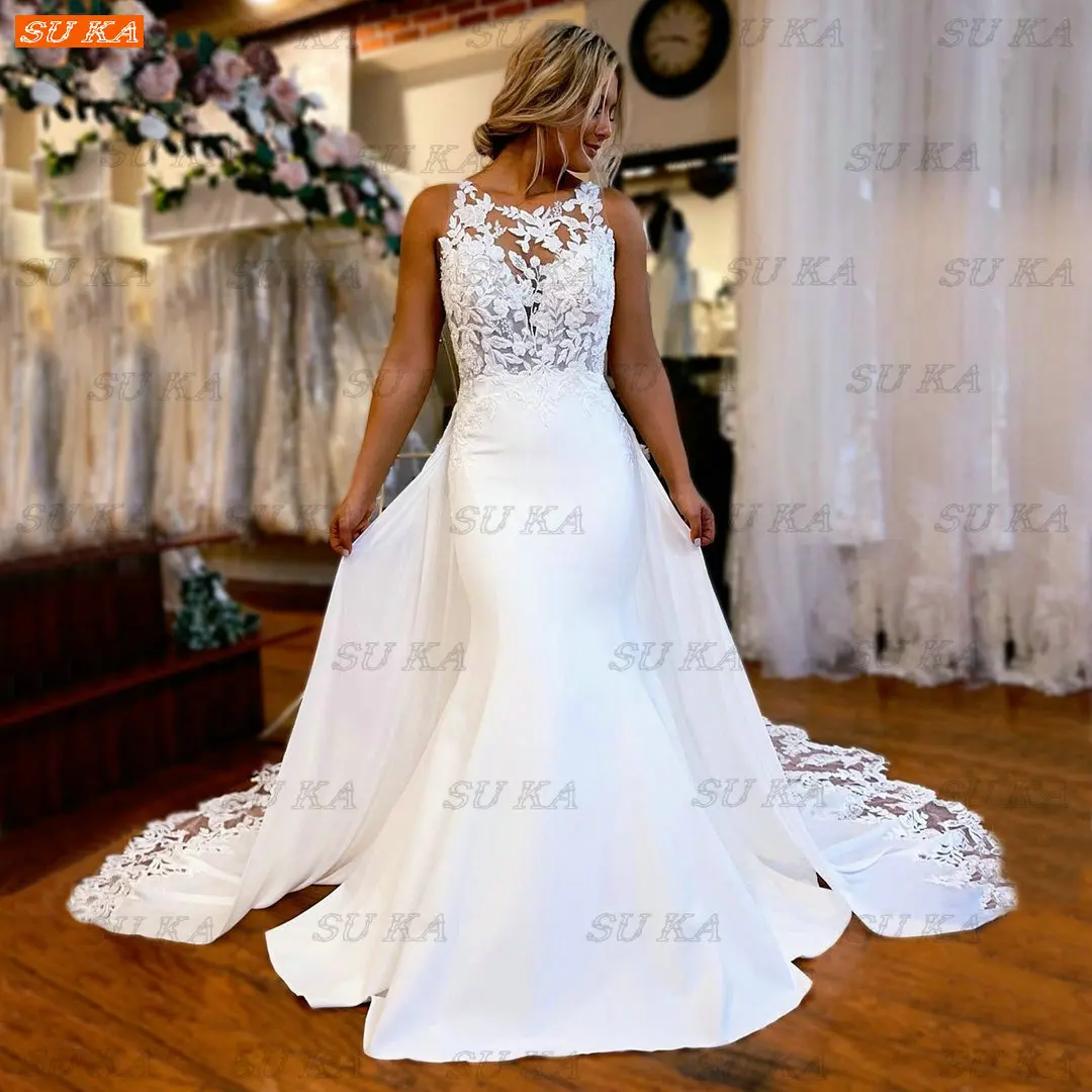 

Luxury Mermaid Wedding Dress 2022 Vestido De Noiva O Neck Appliqued Elegant Bridal Dresses Customized Hochzeitskleid Court Train
