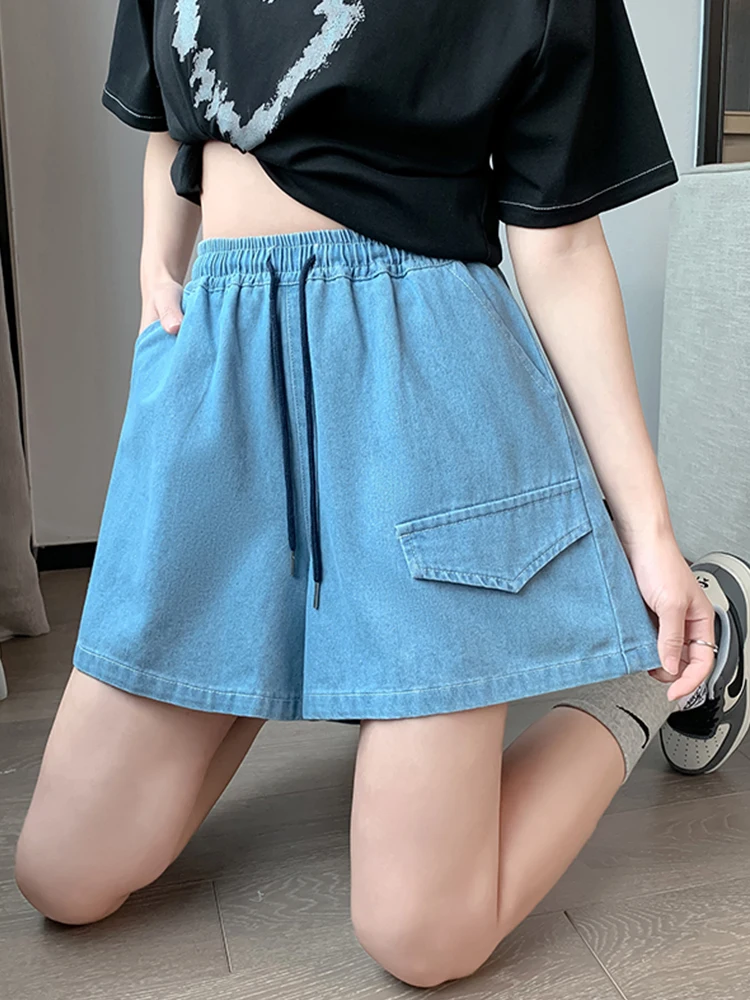 Streetwear Women Wide Leg Lace Up Elastic Waist Denim Shorts Spring Summer Female Loose Retro Jeans Shorts Bottoms