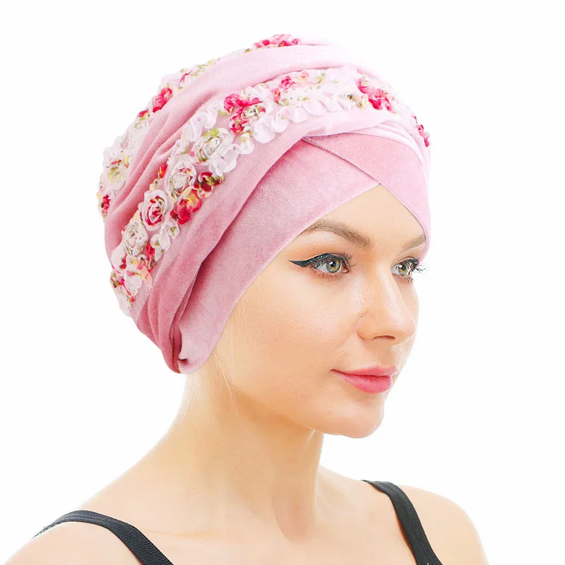 

New Muslim Women Turban Hijab Cap African Flower Headscarf Islamic Scarf Long Tail Velvet Head Wrap Bandanas Bonnet Hat 170*26cm