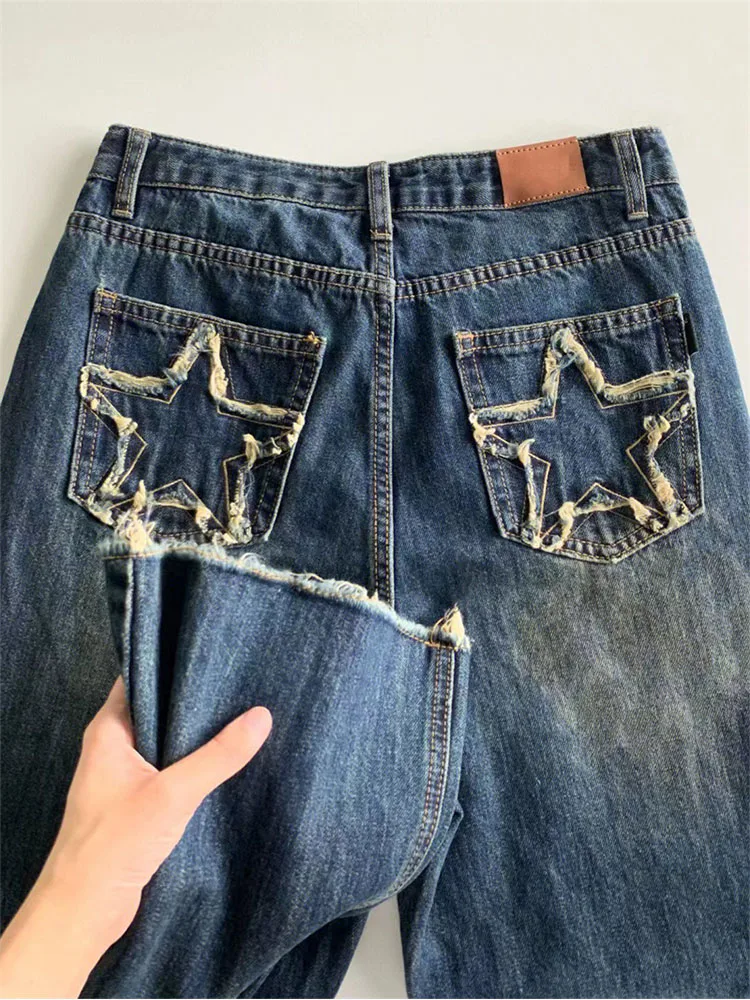

Женские винтажные джинсы со звездами, синие прямые брюки с широкими штанинами и высокой талией, Мешковатые повседневные джинсовые брюки в уличном стиле, новинка 2023