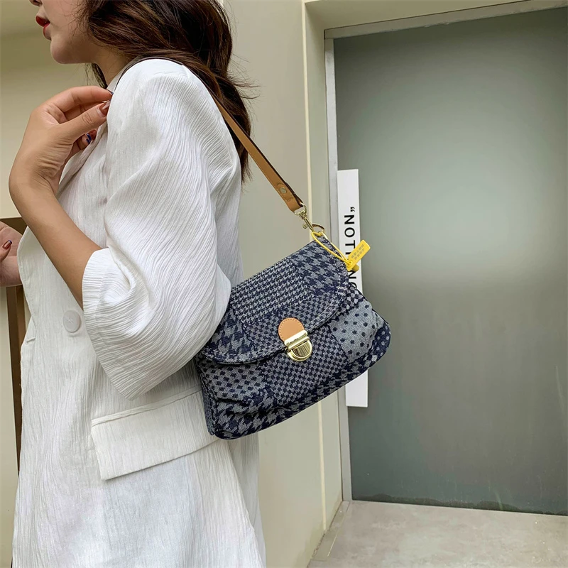 

Luxury Designer Jeans Bag Vintage Houndstooth Pattern Women 's Shoulder Bag Flap Zipper Denim Handbag Underarm Bag Shopper Tote