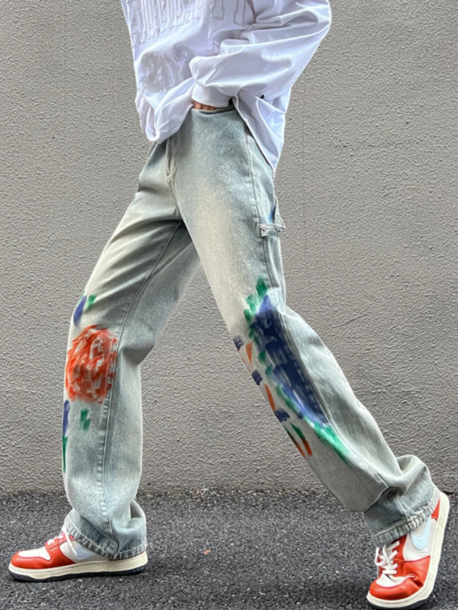 Cotton Euro-american Vibe Pants INS High Street Tie-dye Jeans for Men American Style HiPHOP Loose Straight Leg Wide Leg Pants