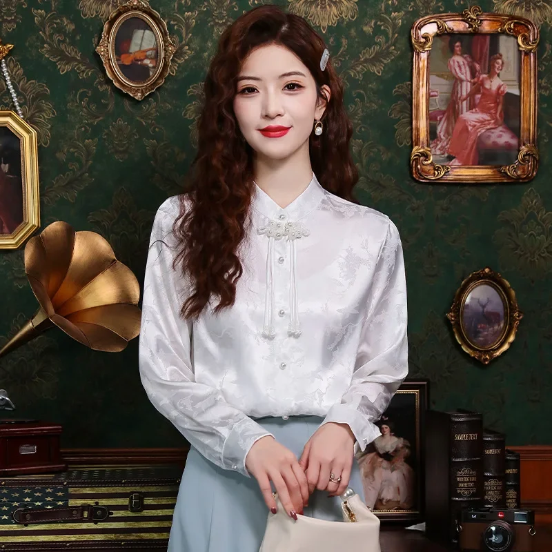 Винтажная белая рубашка с воротником-стойкой в китайском стиле весенний сезон