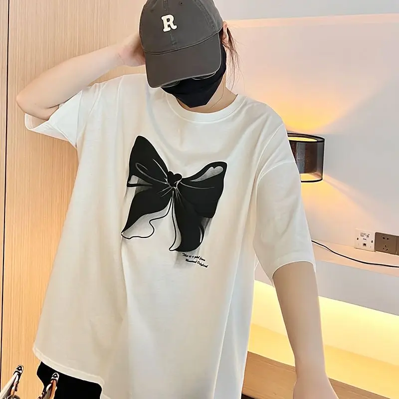 Summer Clothes for Women Plus Size Korean Butterfly Print Design Short Sleeve T-Shirt Black White Loose Round Neck Pullover Tops