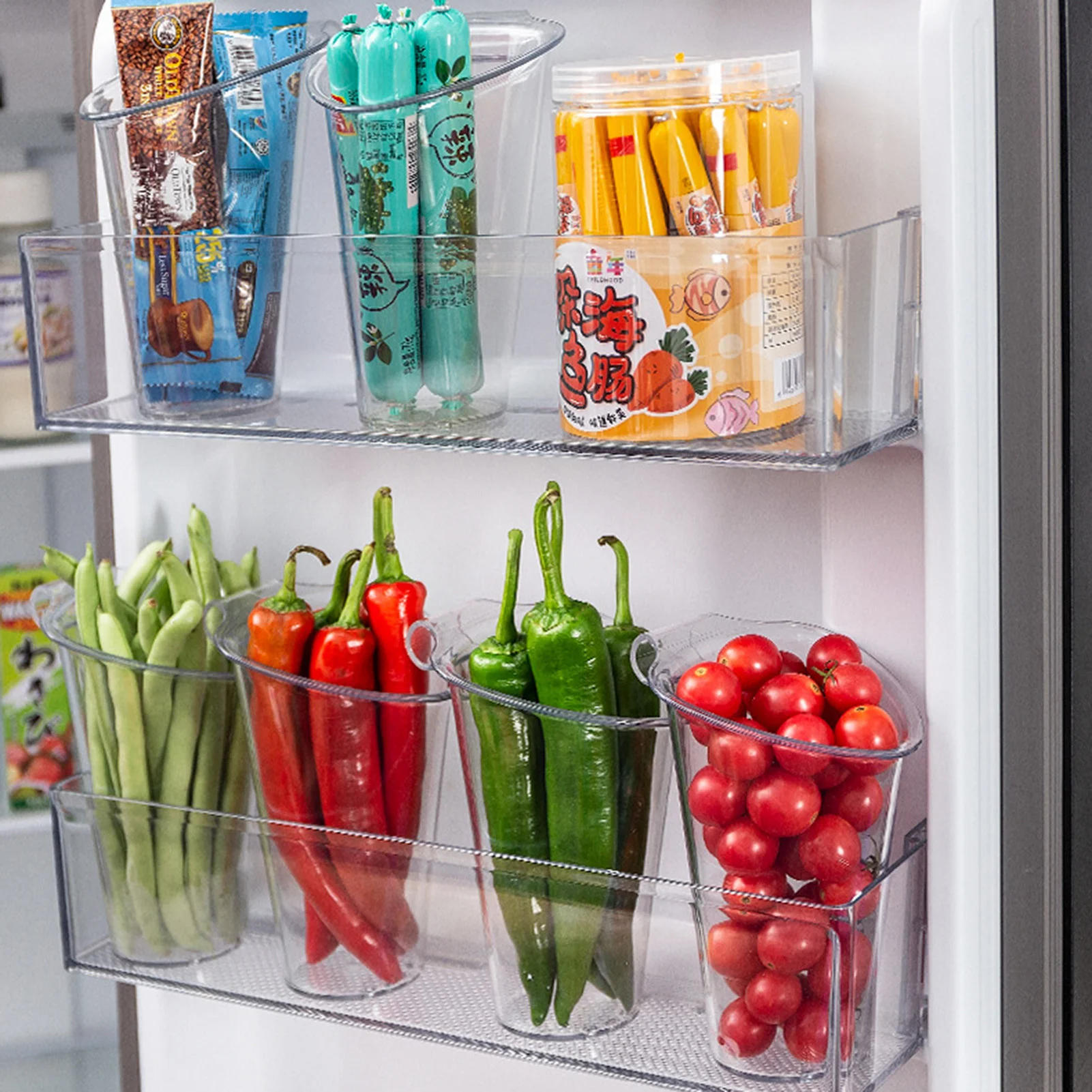 

Fridge Slide Organizer Bins Wall Mounted Refrigerator Side-Door Shelf with Drain Holes Pouches for Kitchen Pantry Cabinet