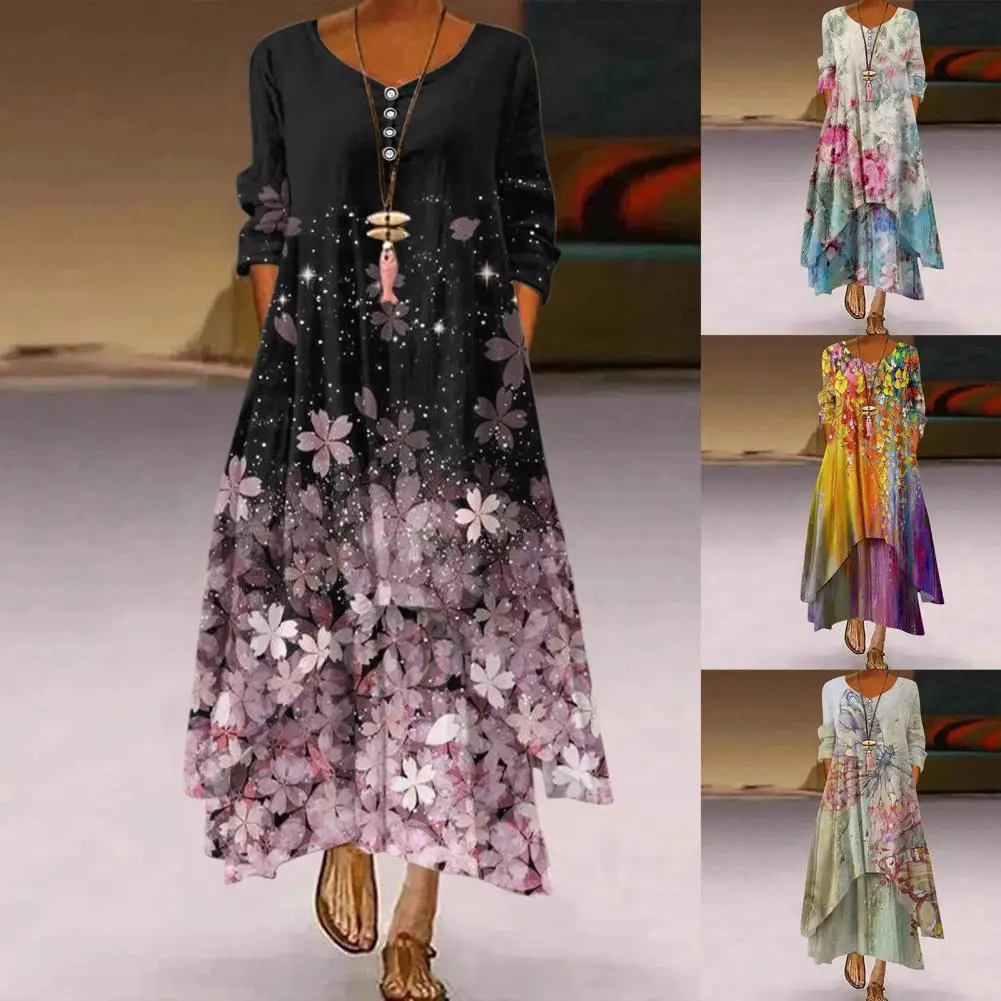 

Повседневное платье с длинным рукавом, женское платье до щиколотки со средней талией и асимметричным подолом с цветочным принтом для свида...